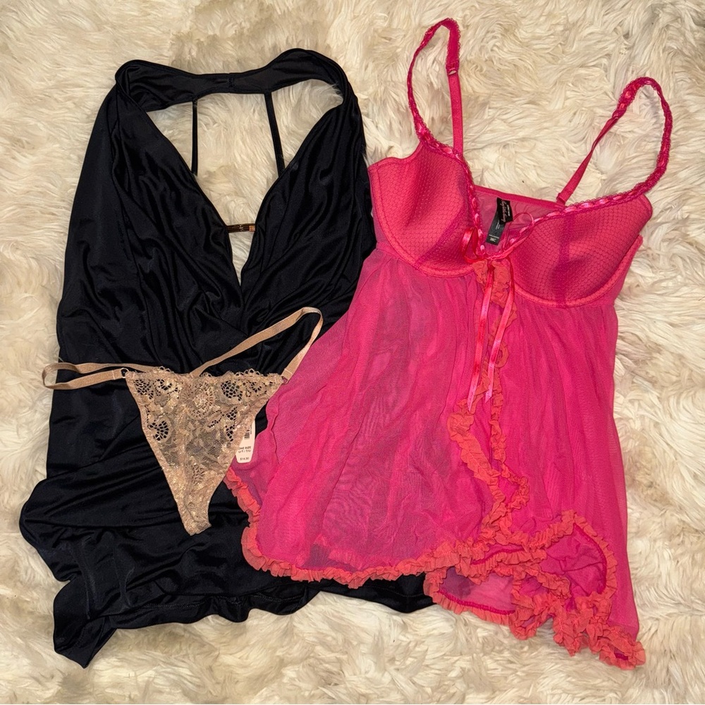 Victoria's Secret Black Slip with Hot Pink Sheer Babydoll Set
